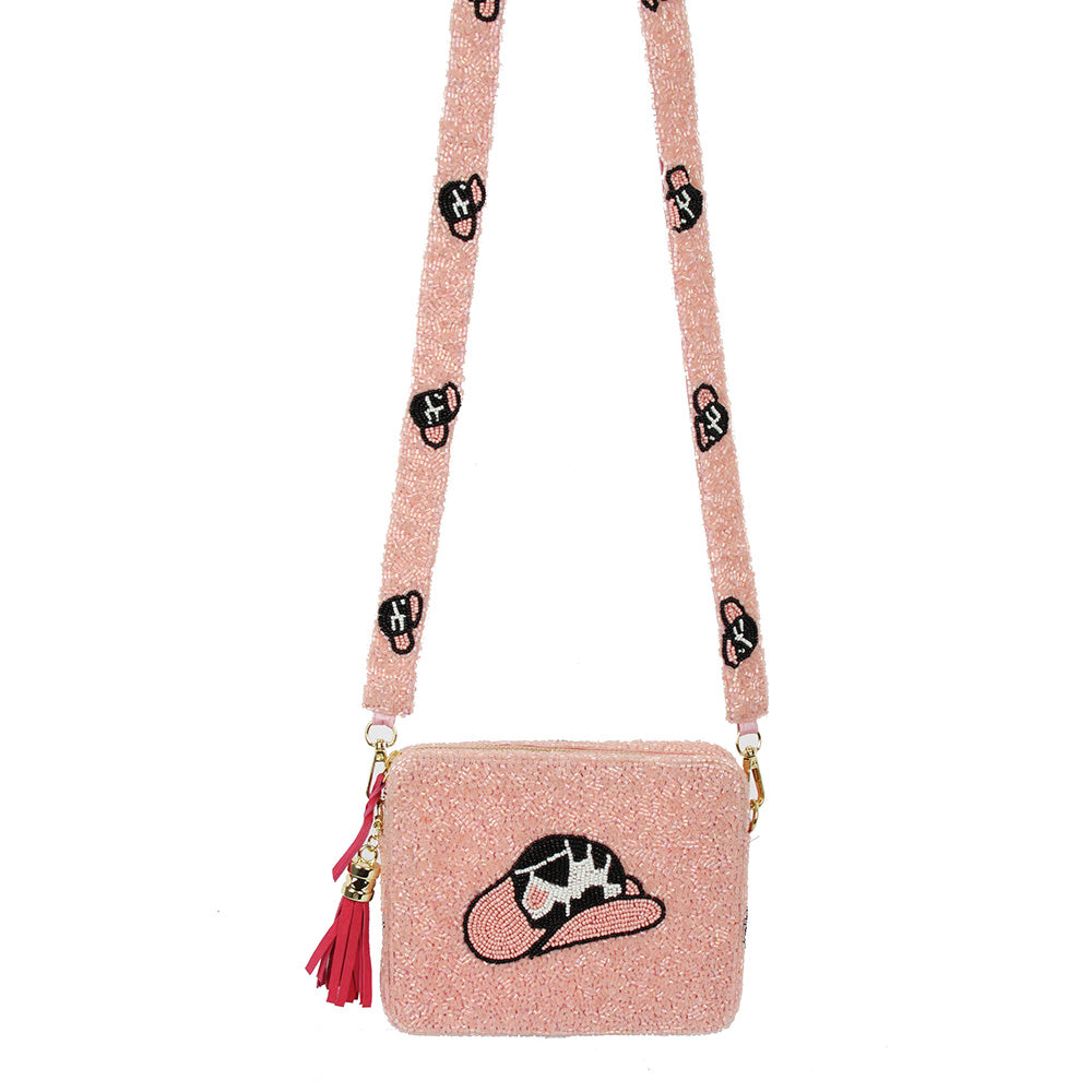 Seed Beaded Cowboy Hat Pink Cowgirl Crossbody Box Bag