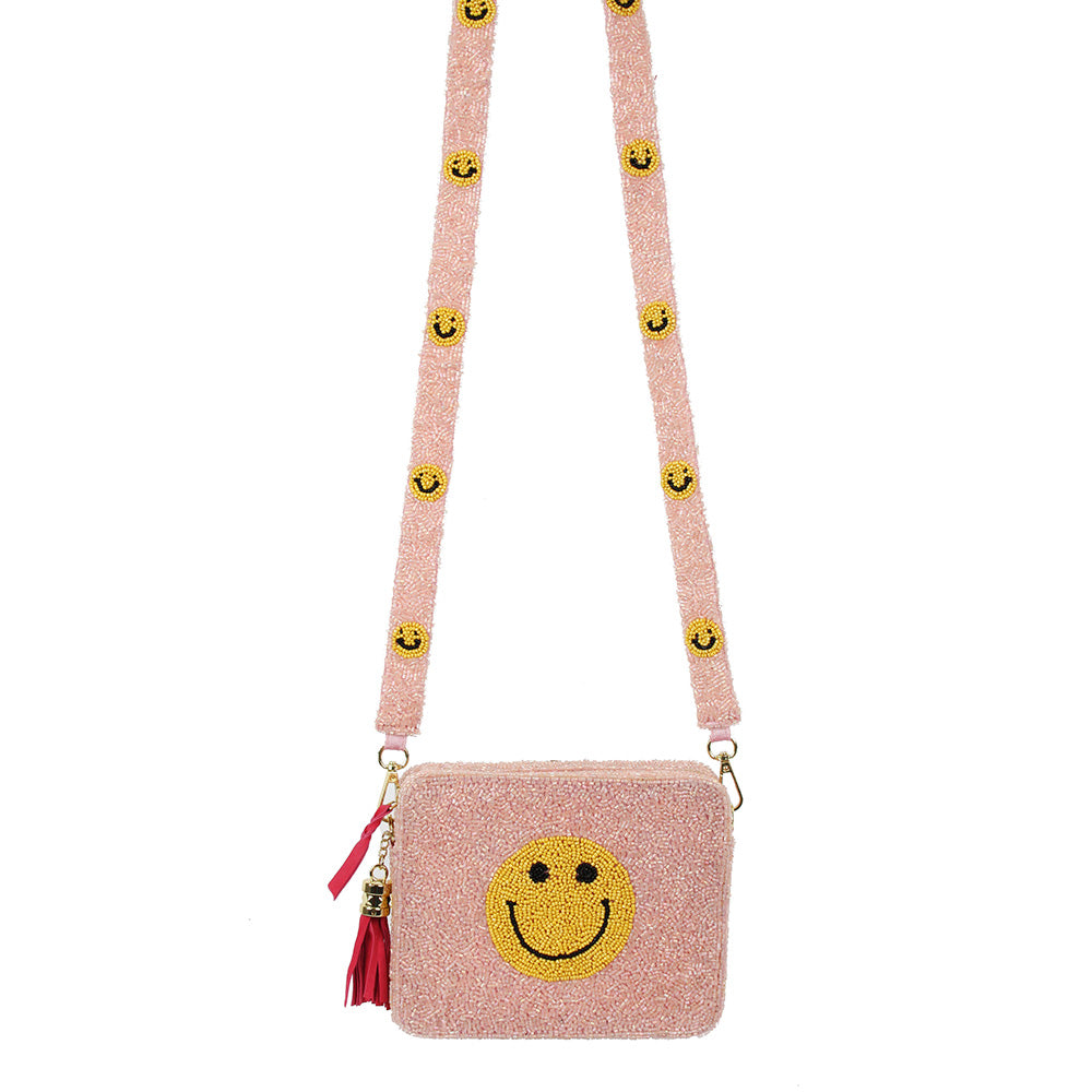 Seed Beaded Smiley Face Emoji Crossbody Tassel Box Bag