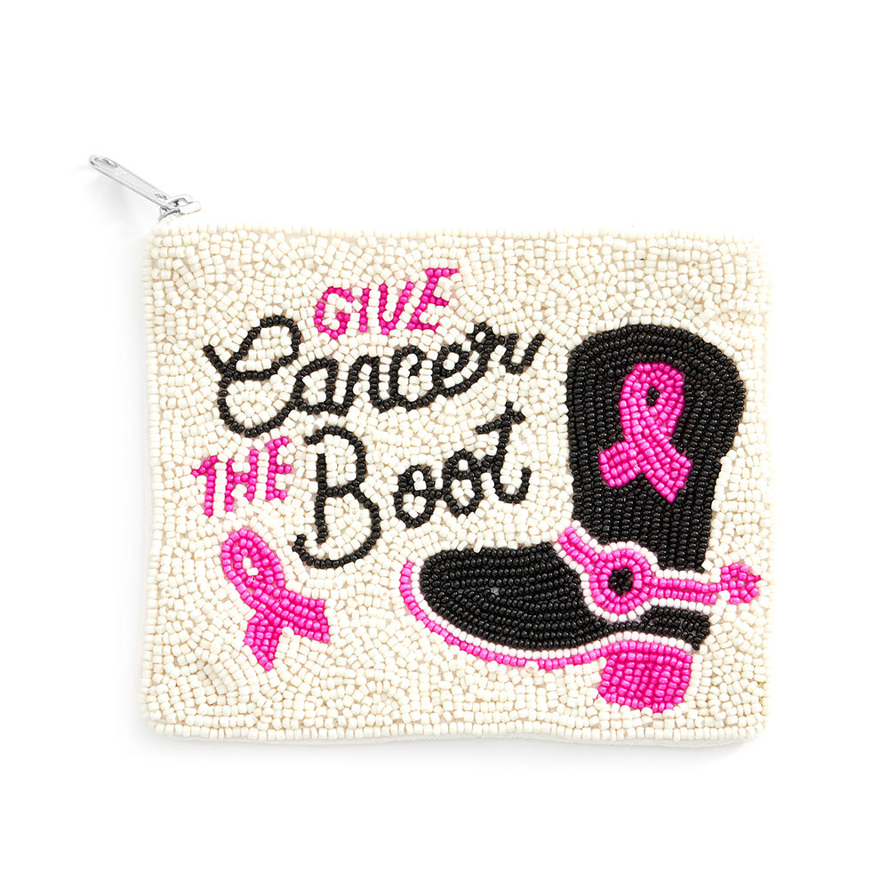Give Cancer The Boot Beaded Pink Ribbon Mini Pouch Bag