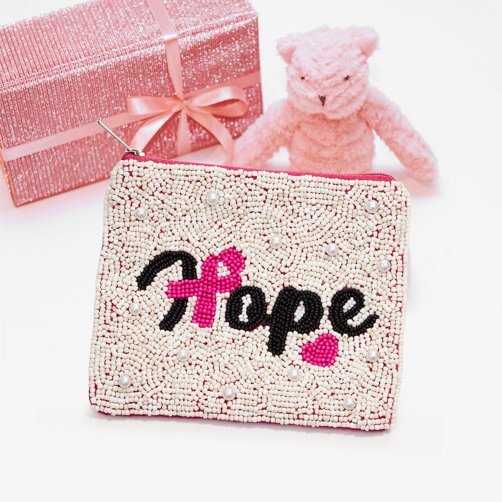 Hope Cancer Beaded Pink Ribbon Mini Pouch Bag