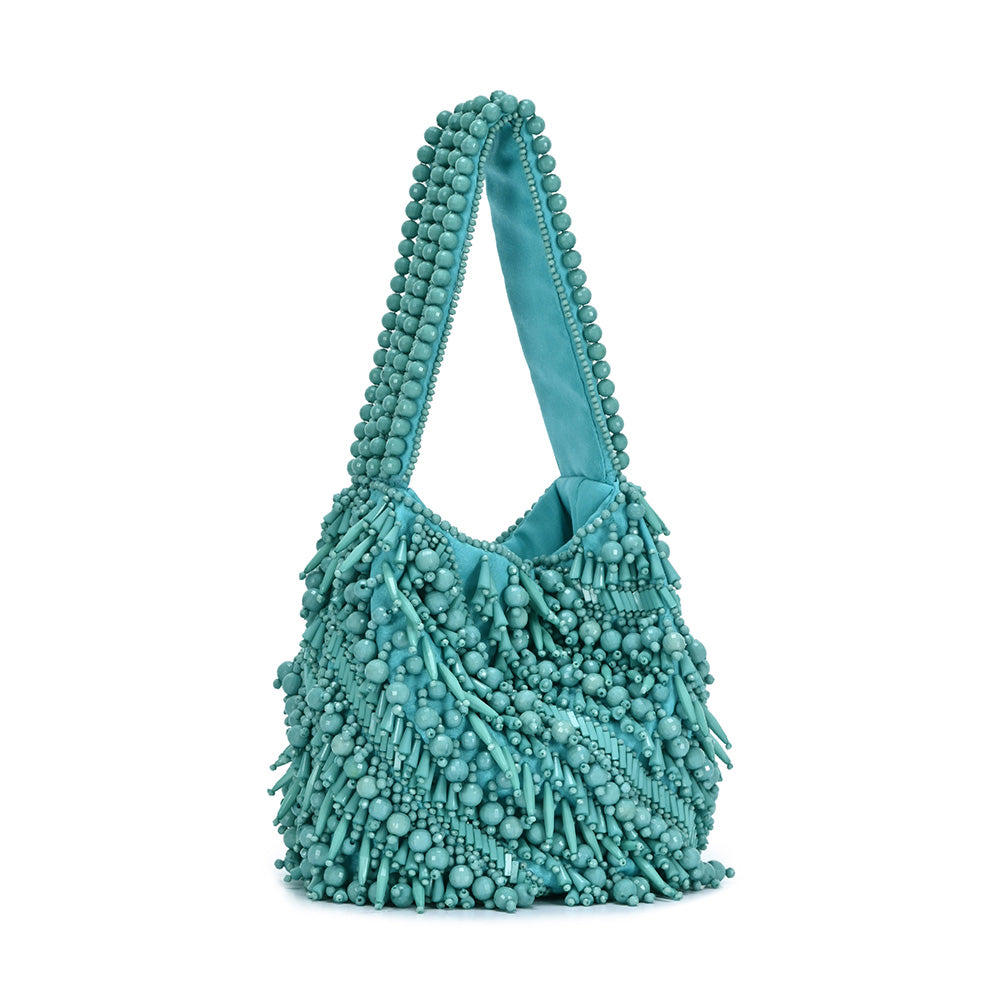 The Averlee Artisan Beaded Mini Bucket Bag in Turquoise