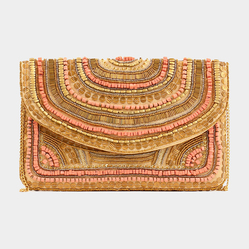 Beaded Natural Stone Coral Crossbody Clutch Handbag