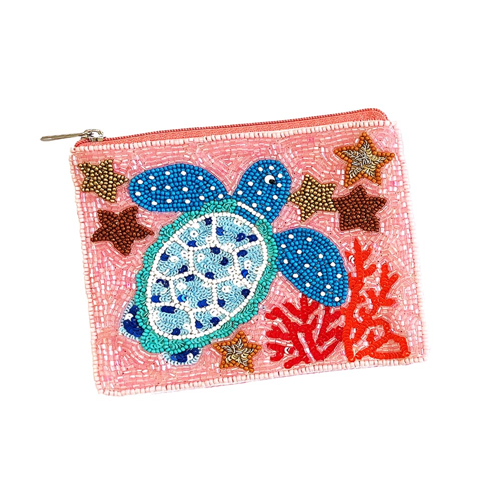 Sea Turtle Starfish Seed Beaded Mini Pouch Bag