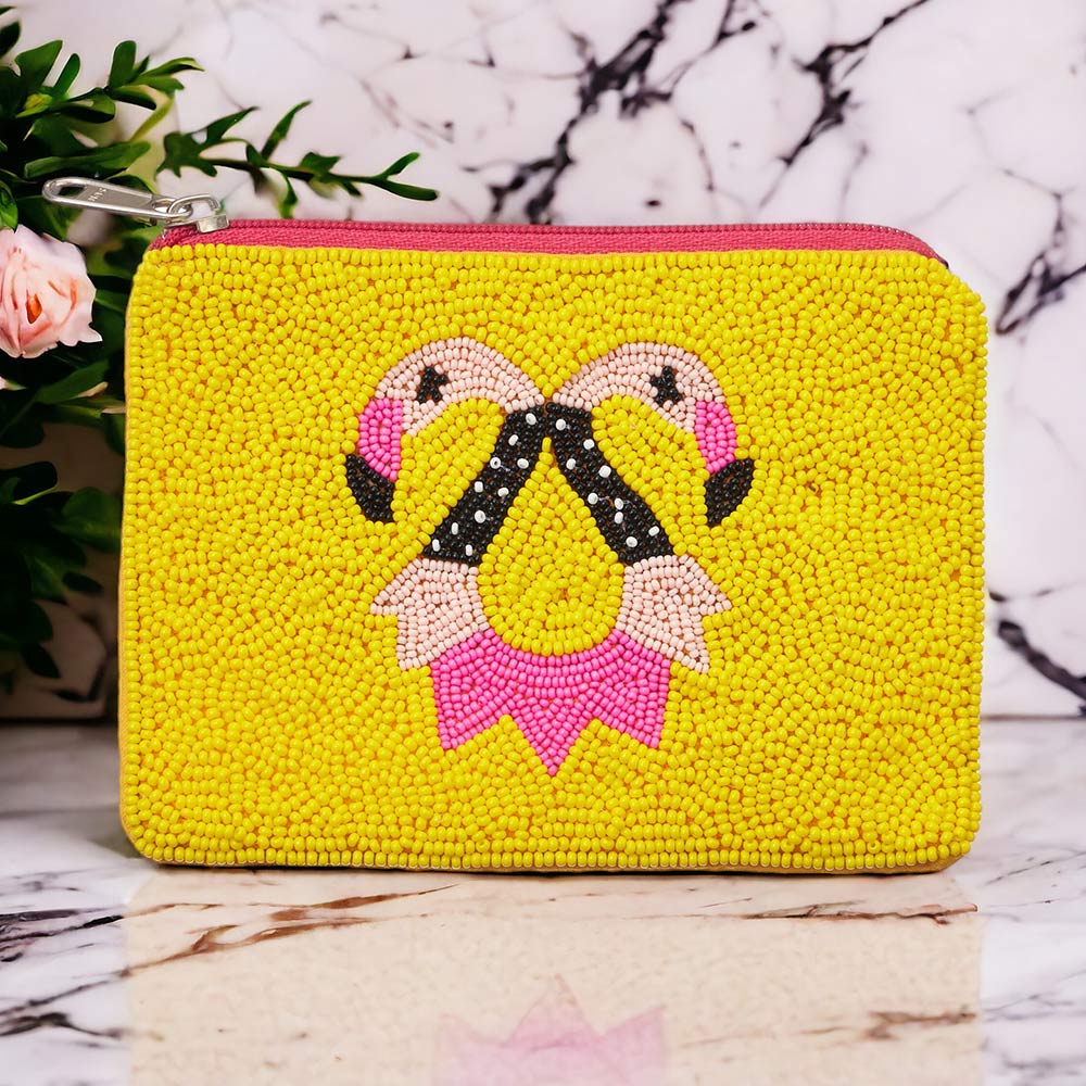 Yellow Pink Flamingo Seed Beaded Mini Pouch Storage Bag