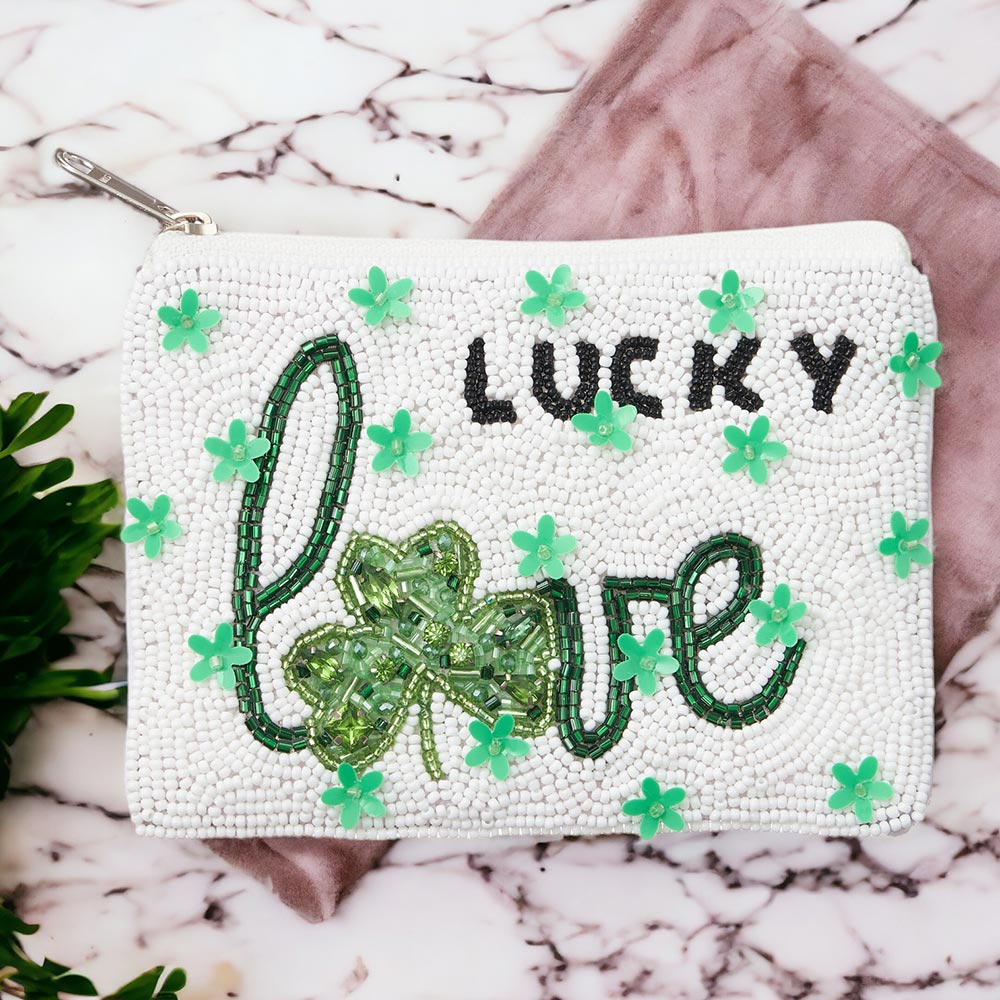 LUCKY LOVE St Patrick's Clover Seed Beaded Mini Pouch Bag