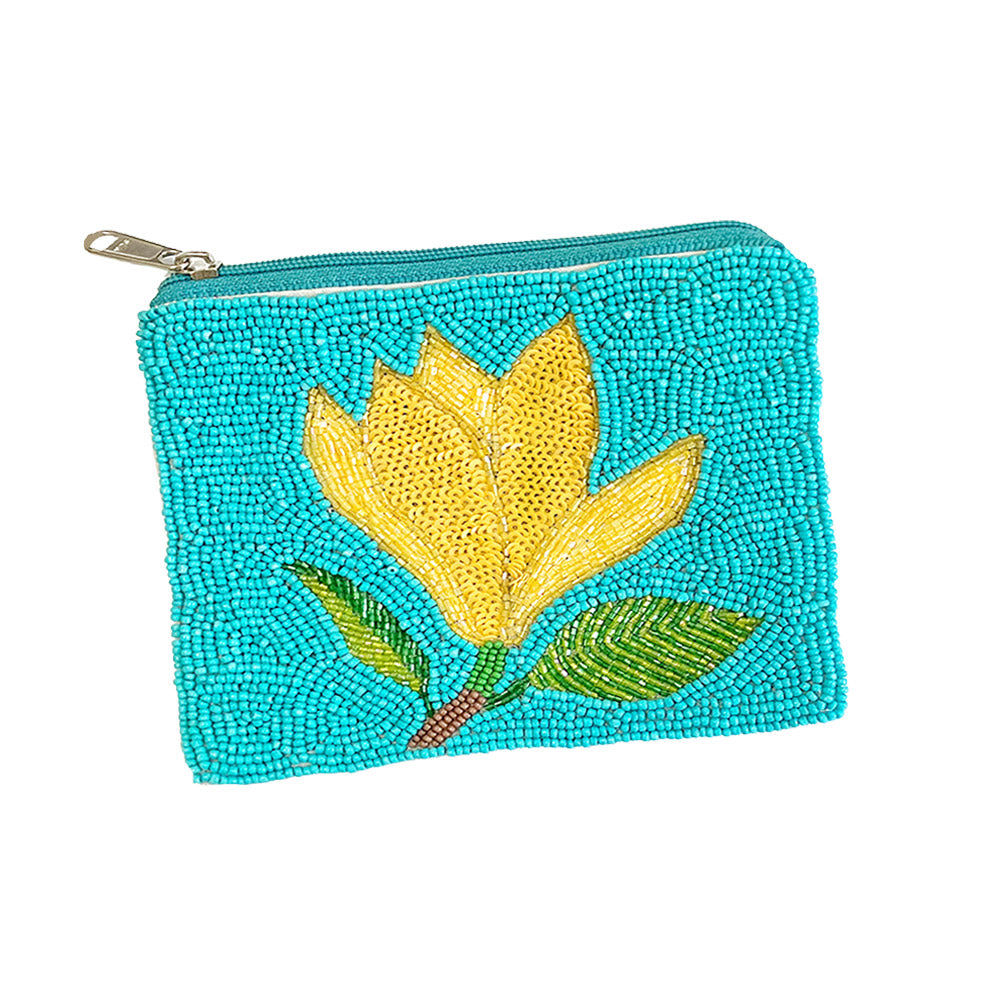 Yellow Flower Beaded Mini Coin Pouch Bag
