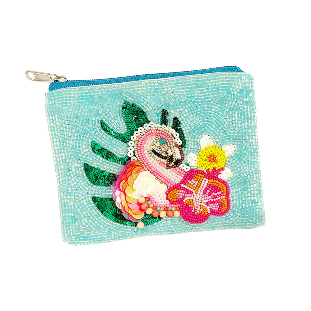 Flamingo Floral Beaded Mini Coin Pouch Bag