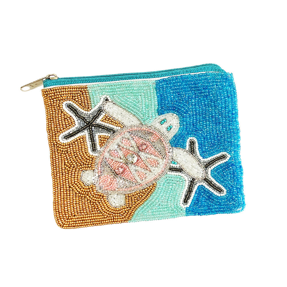 Sea Turtle Rhinestone Beaded Mini Pouch Bag