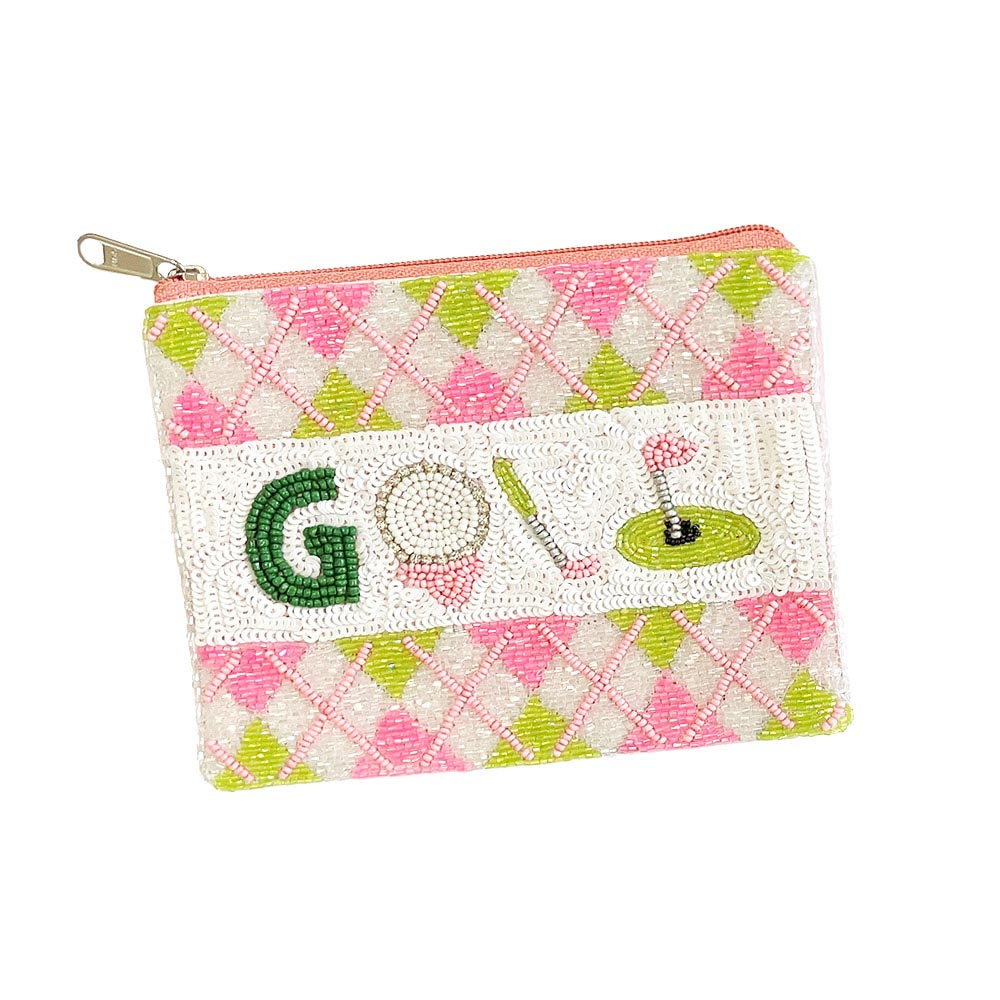 Golf Pattern Seed Beaded Pink Mini Pouch Bag