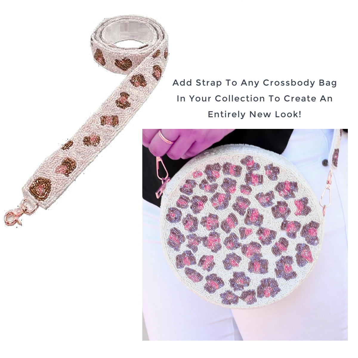 Pink Leopard Beaded Crossbody Bag Strap
