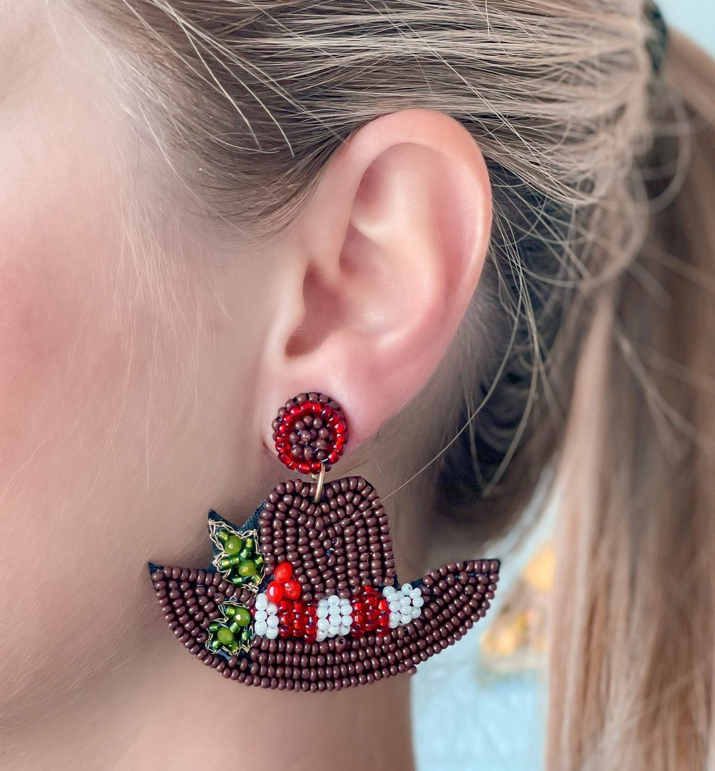 Christmas Holiday Cowgirl Hat Western Beaded Earrings