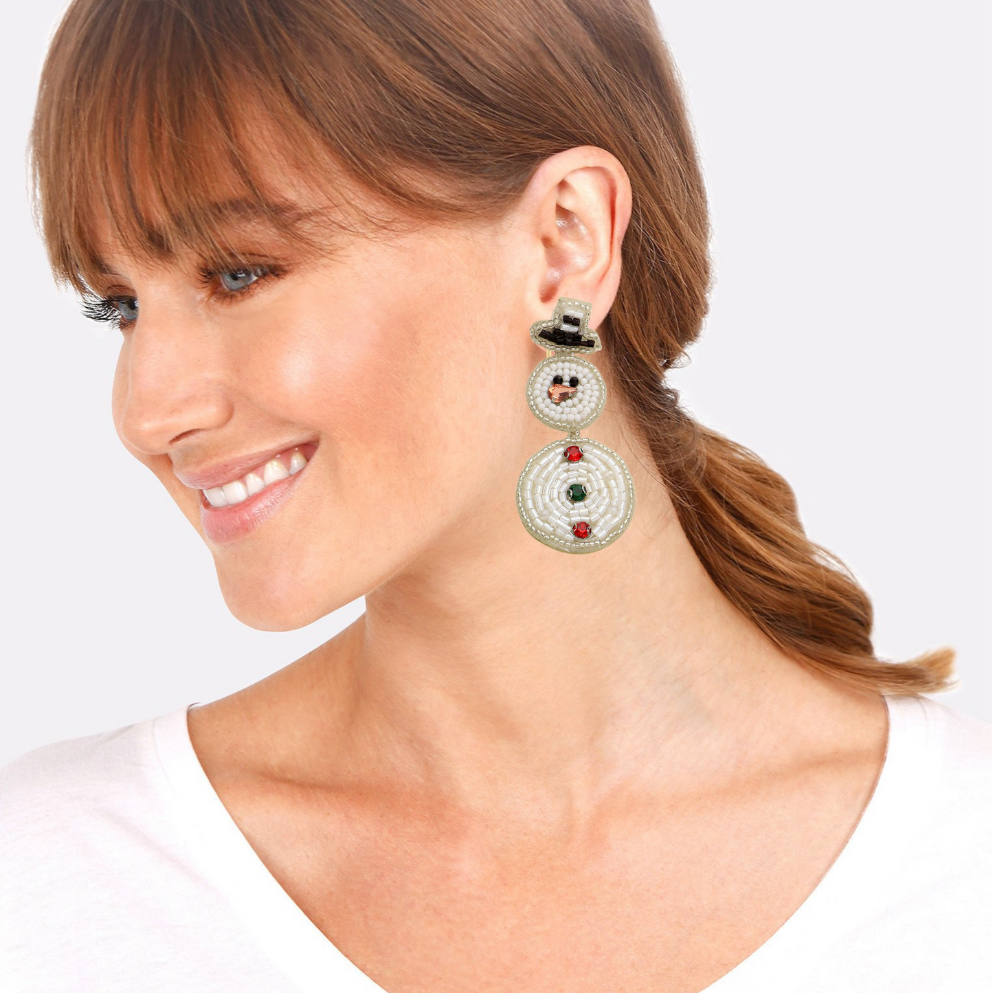 Christmas Crystal Seed Beaded Dangle Snowman Earrings