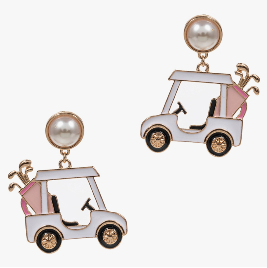 Pearl Accent White Enamel Golf Cart Earrings