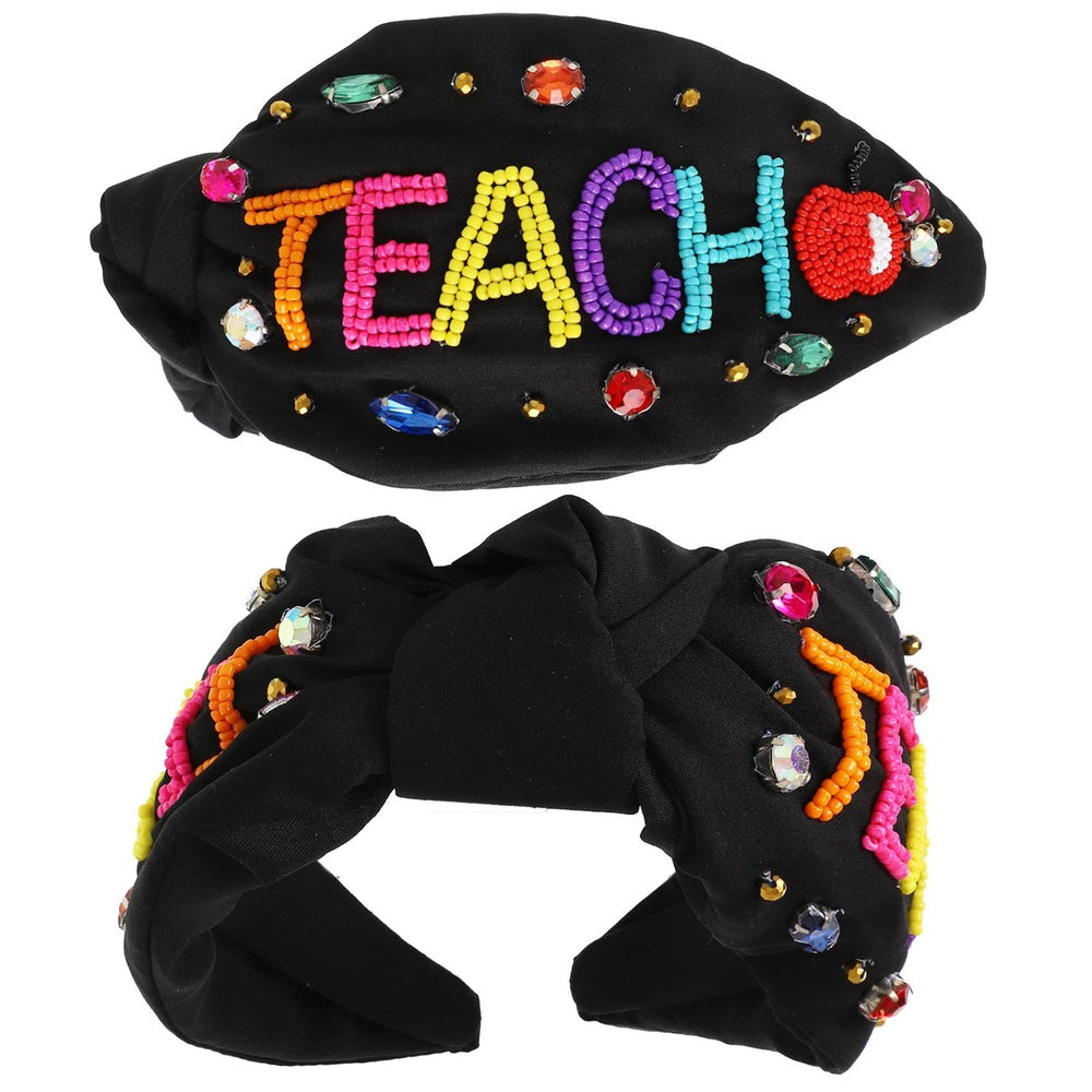 TEACH Black Beaded Crystal Top Knot Headband