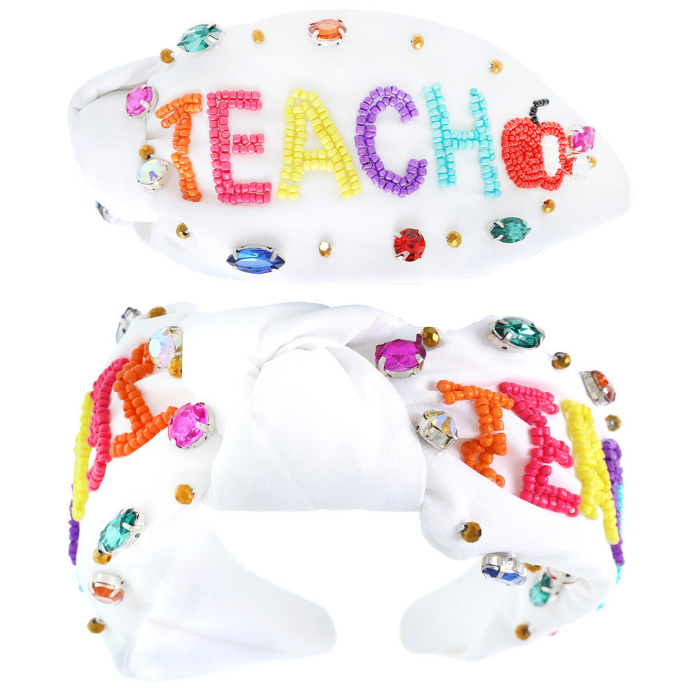 TEACH White Beaded Crystal Top Knot Headband