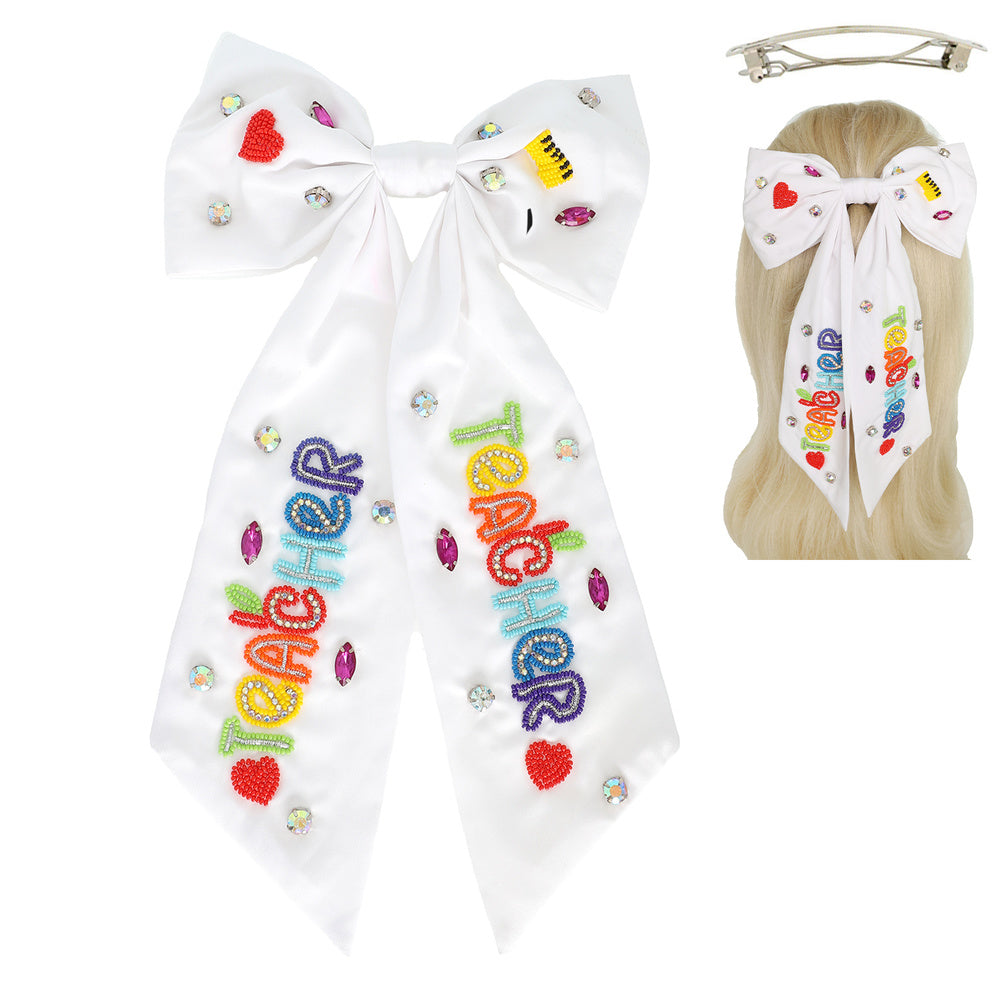 TEACHER Beaded Crystal Bow Shaped Hair Barrette