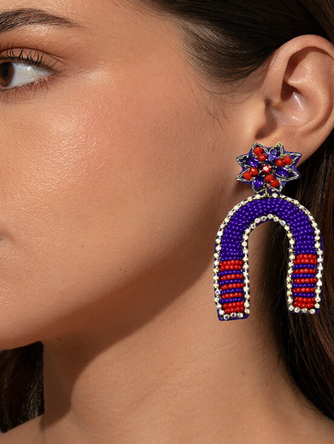 Red Blue Football Ole Miss Beaded Goal Post Rhinestone Earrings