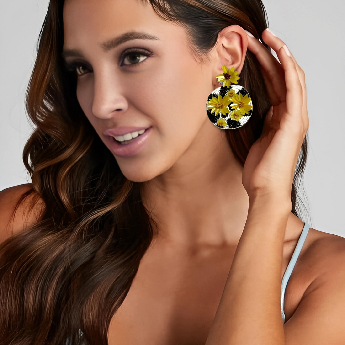 Cow Print Cowgirl Sunflower Fields Round Seed Beaded Earrings