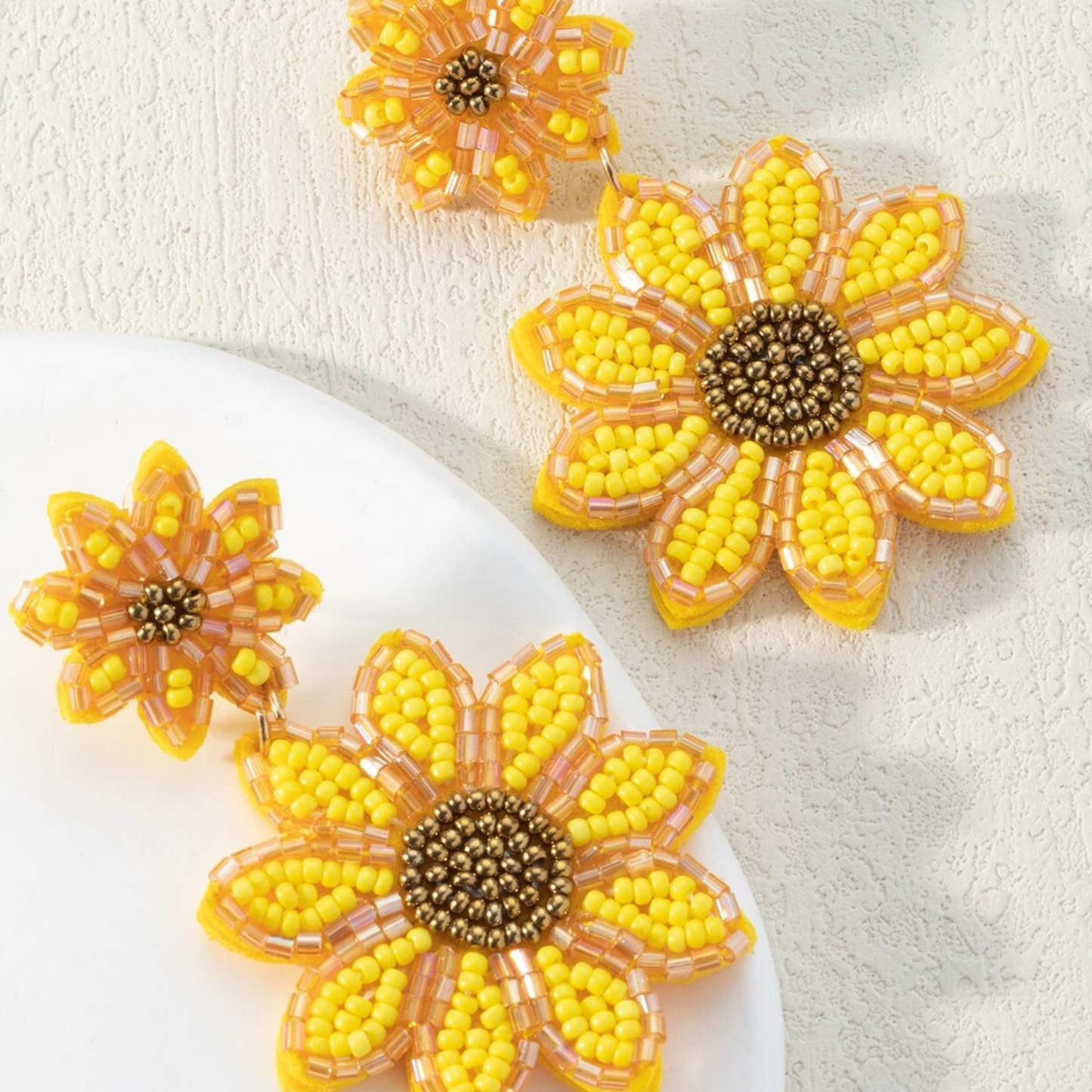 Double Drop Sunflower Seed Beaded Earrings