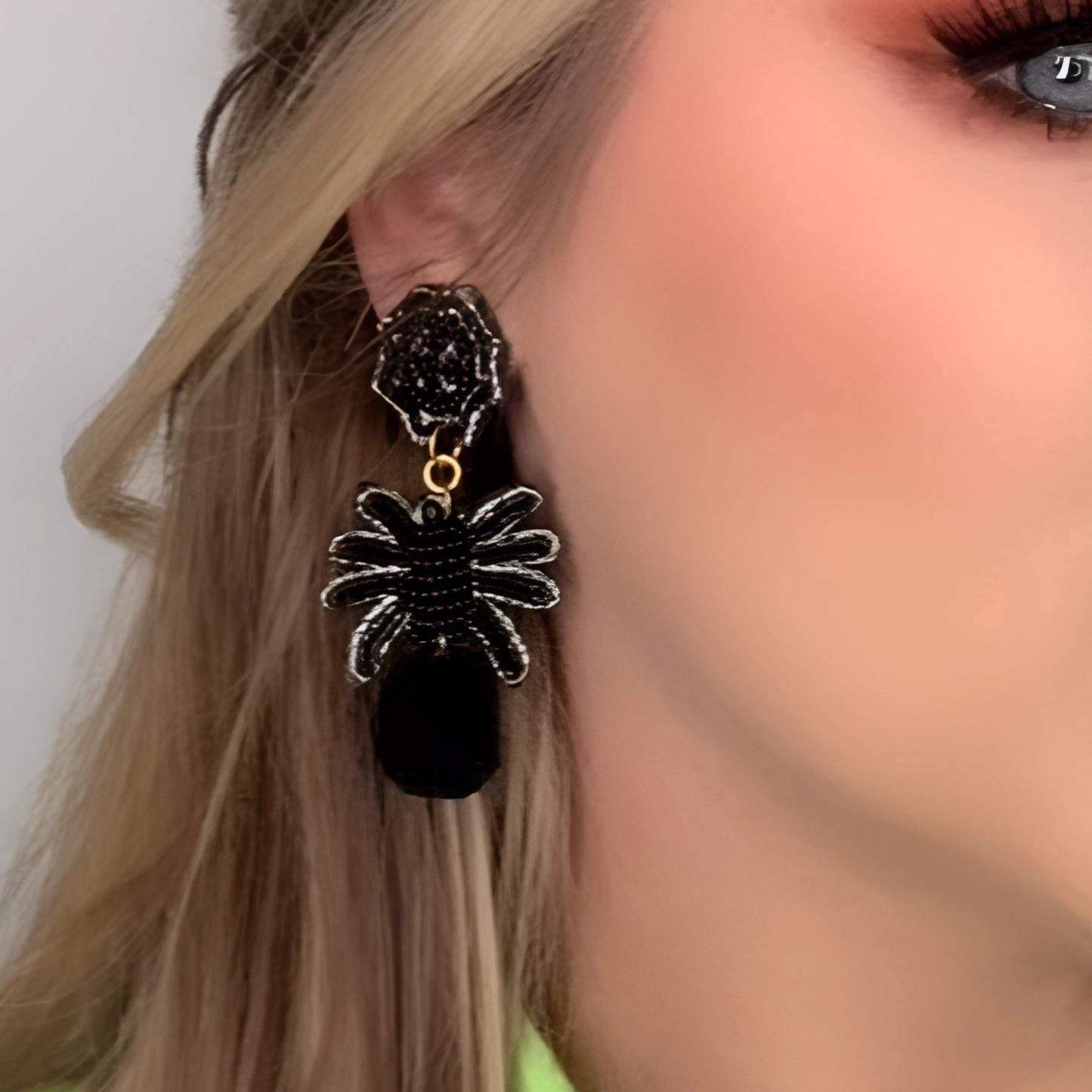 Halloween Spider Web Beaded Fur Pom-Pom Earrings
