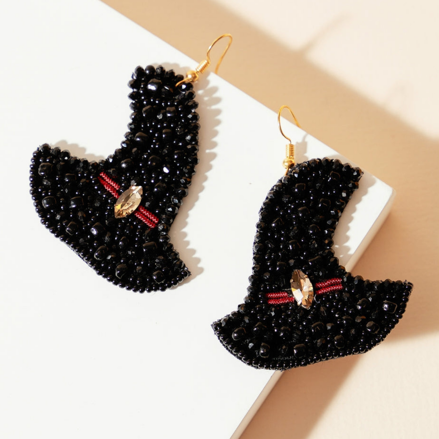 Halloween Witch Theme Broom Hat Ruby Gem Beaded Earrings