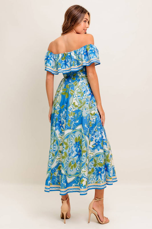 VESTIDO MIDI TEJIDO AZUL POLVO CON ESTAMPADO TROPICAL