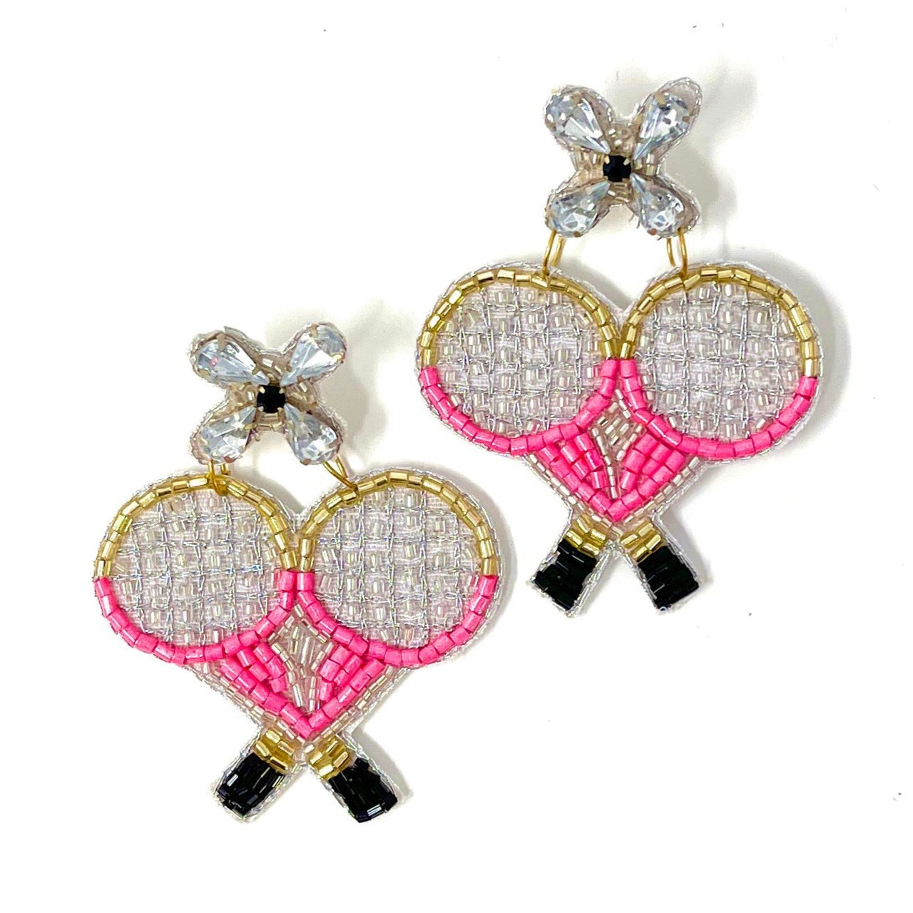 TENNIS Theme Crystal & Seed Beaded Pink Racket Earrings