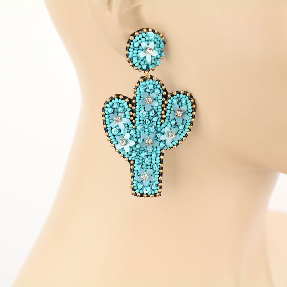 Western Bead & Flower Turquoise Boho Cactus Earrings