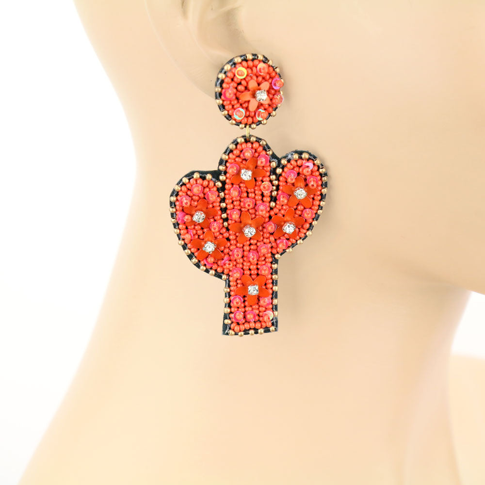 Western Bead & Flower Coral Boho Cactus Earrings