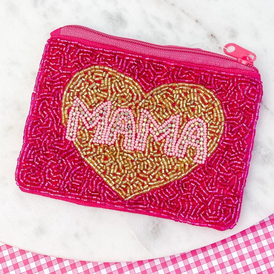 MAMA LOVE Pink Beaded Coin Storage Pouch