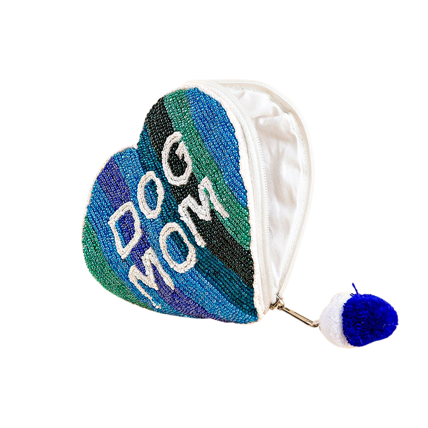 DOG MOM Blue Striped Heart Beaded Money Pouch