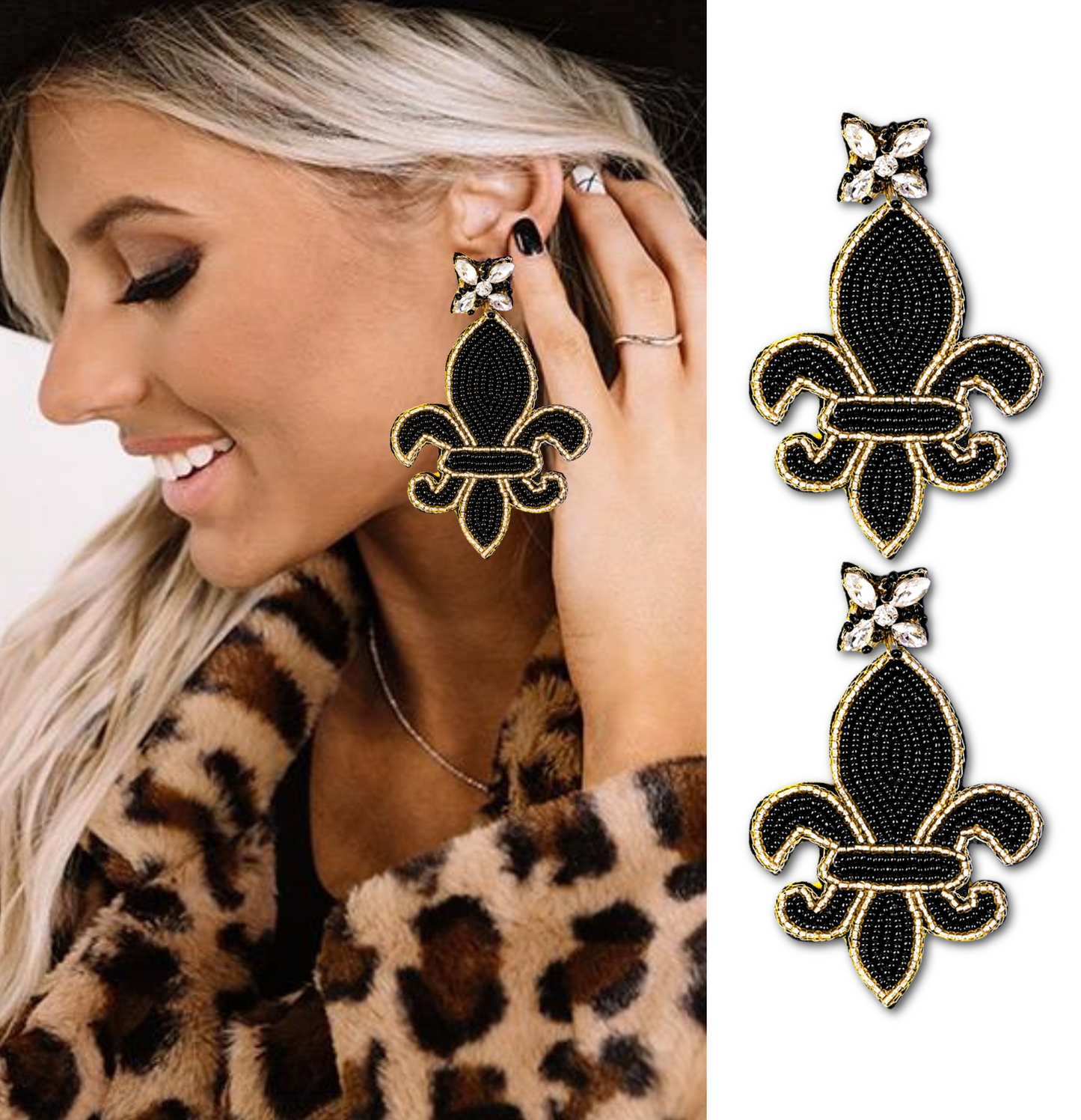 New Orleans Saints Football Fleur De Lis Large Beaded Earrings
