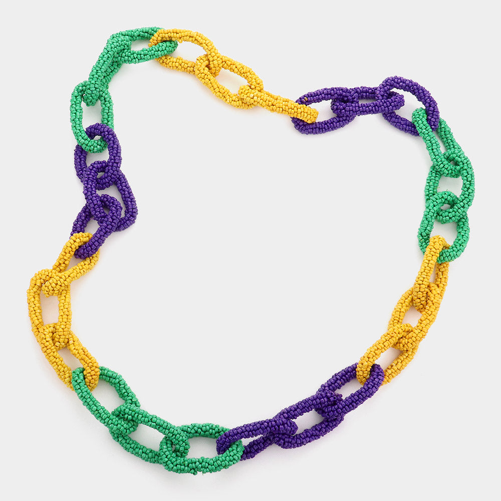 Mardi Gras Seed Bead Oval Link Long Necklace