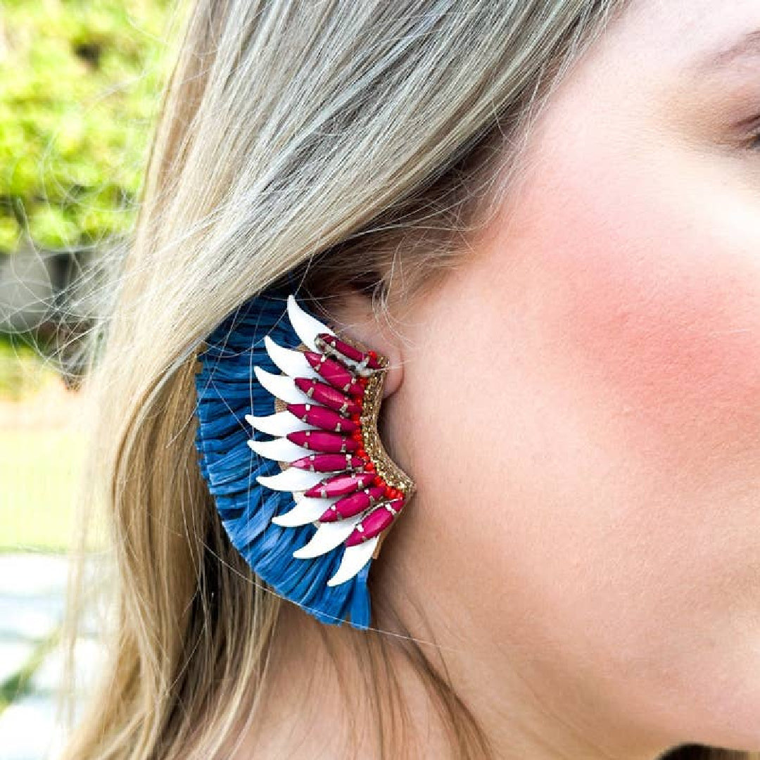 Red White Blue USA Patriotic Raffia Fan Wing Bead Stone Earrings