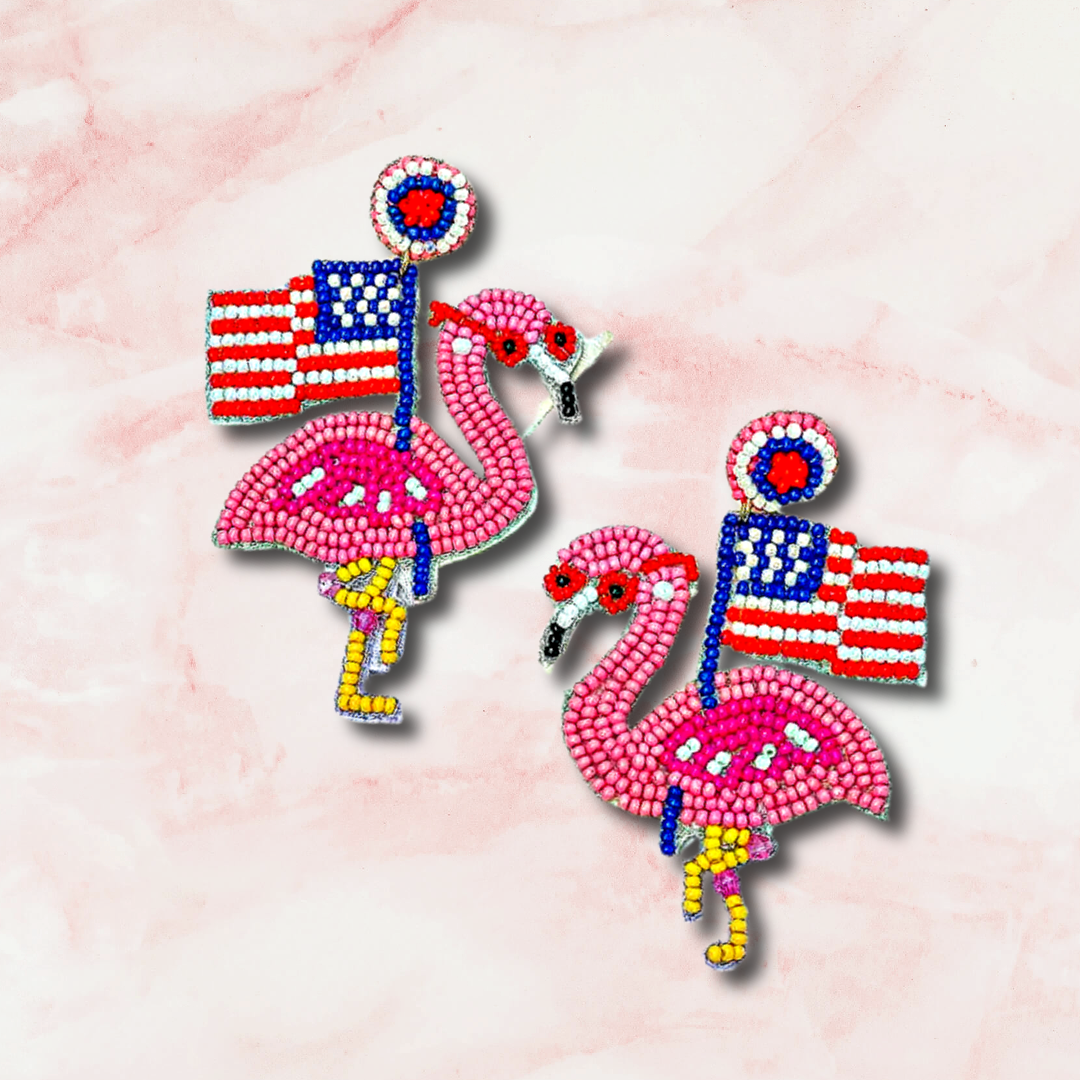 Flamingo American Flag Patriotic Beaded Earrings