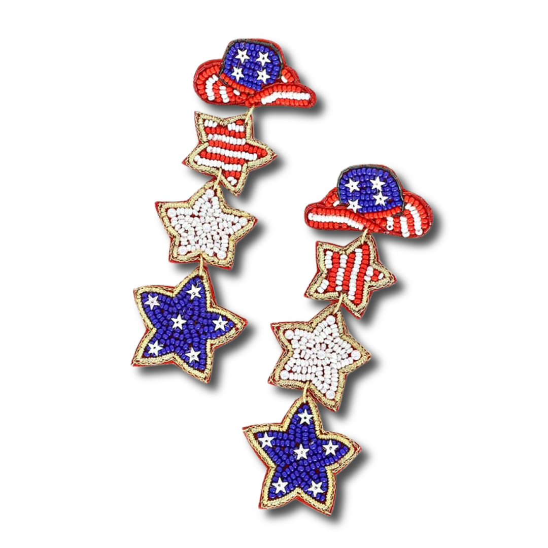 USA Flag Western Hat Stars Stripes Beaded Earrings