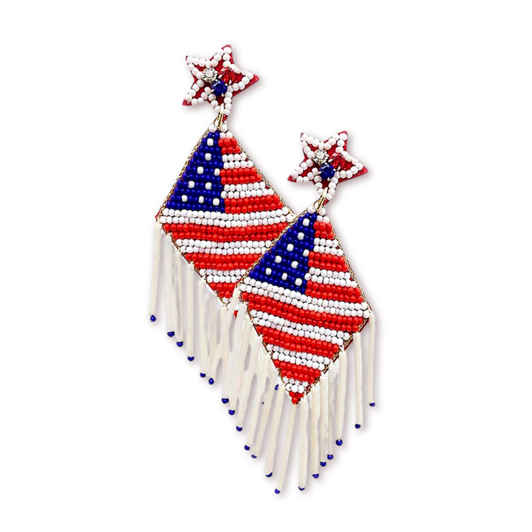 American USA Flag Patriotic Beaded Fringe Earrings