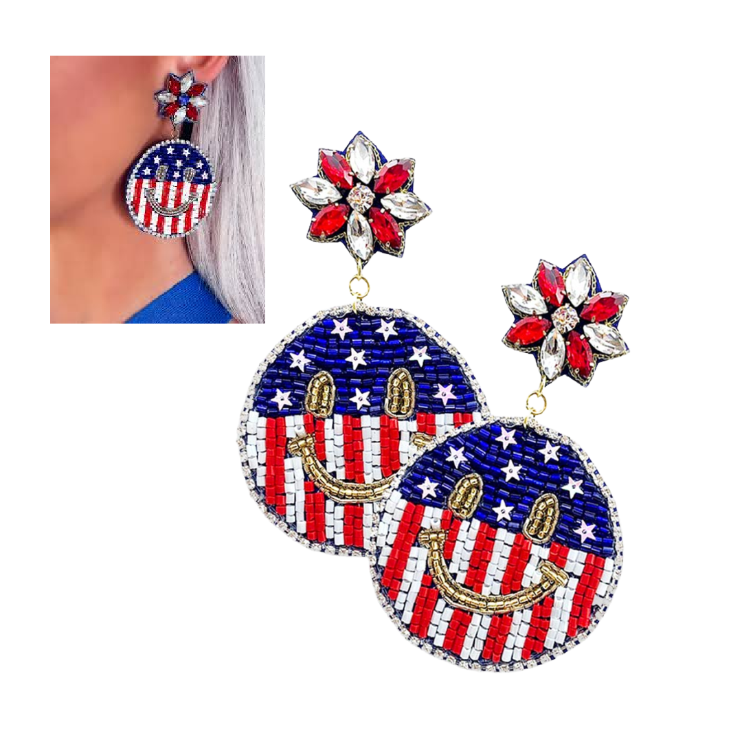 Smiley Face Emoji USA Flag Patriotic Beaded Earrings
