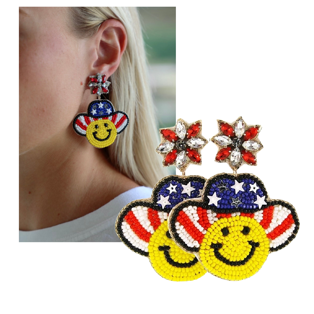 Smiley Face Emoji Flag Patriotic Cowgirl Beaded Earrings