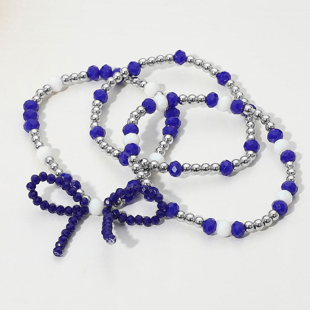 Gameday Blue Silver Beaded Bow Bracelet SET