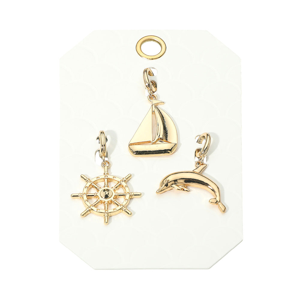 3PC Ship Wheel Dolphin Gold Charm Set