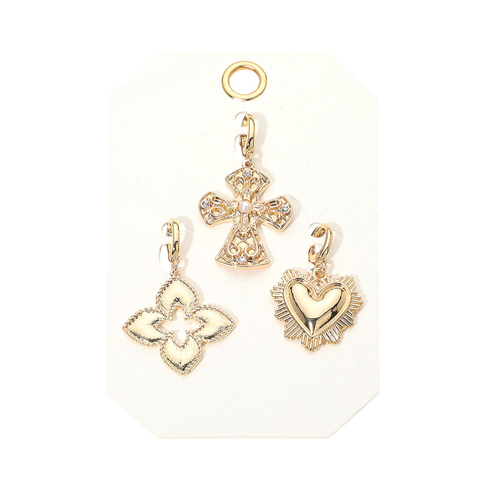 3PC Heart Cross Quatrefoil Gold Charm Set