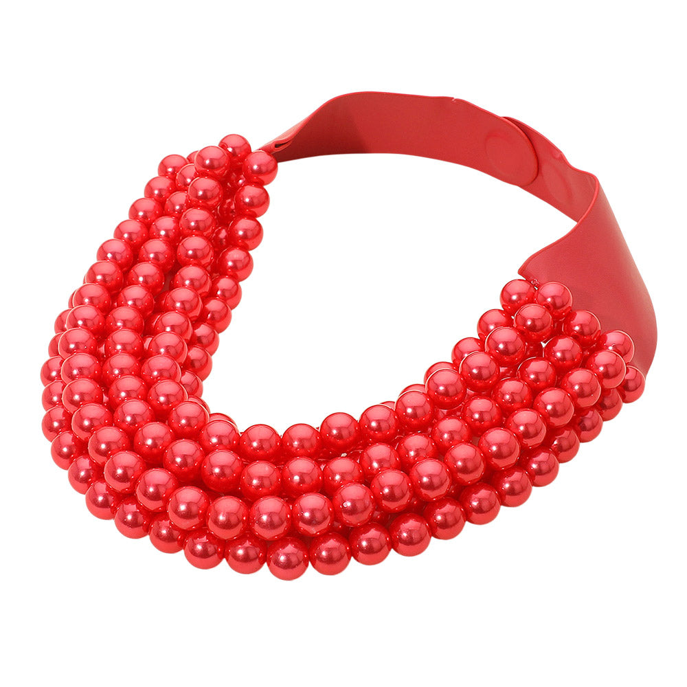 Cora Red Luster Beaded Leather Magnetic Collar Necklace