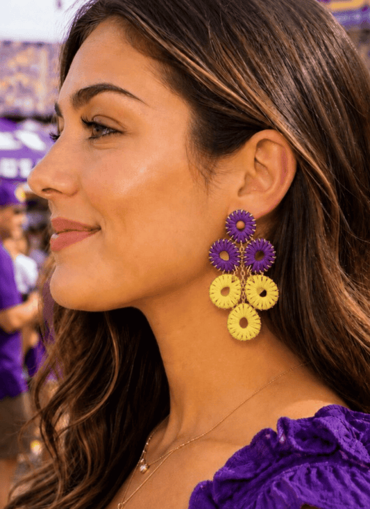 LSU University Tigers Raffia Disc Wrapped Football Earrings
