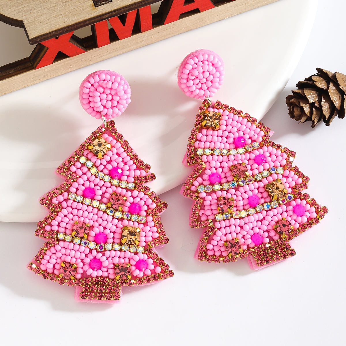 Pink Christmas Tree Crystal Rhinestone Beaded Earrings