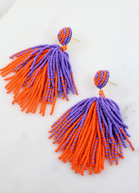 Clemson Team Colors Orange Purple Beaded Tassel Earrings