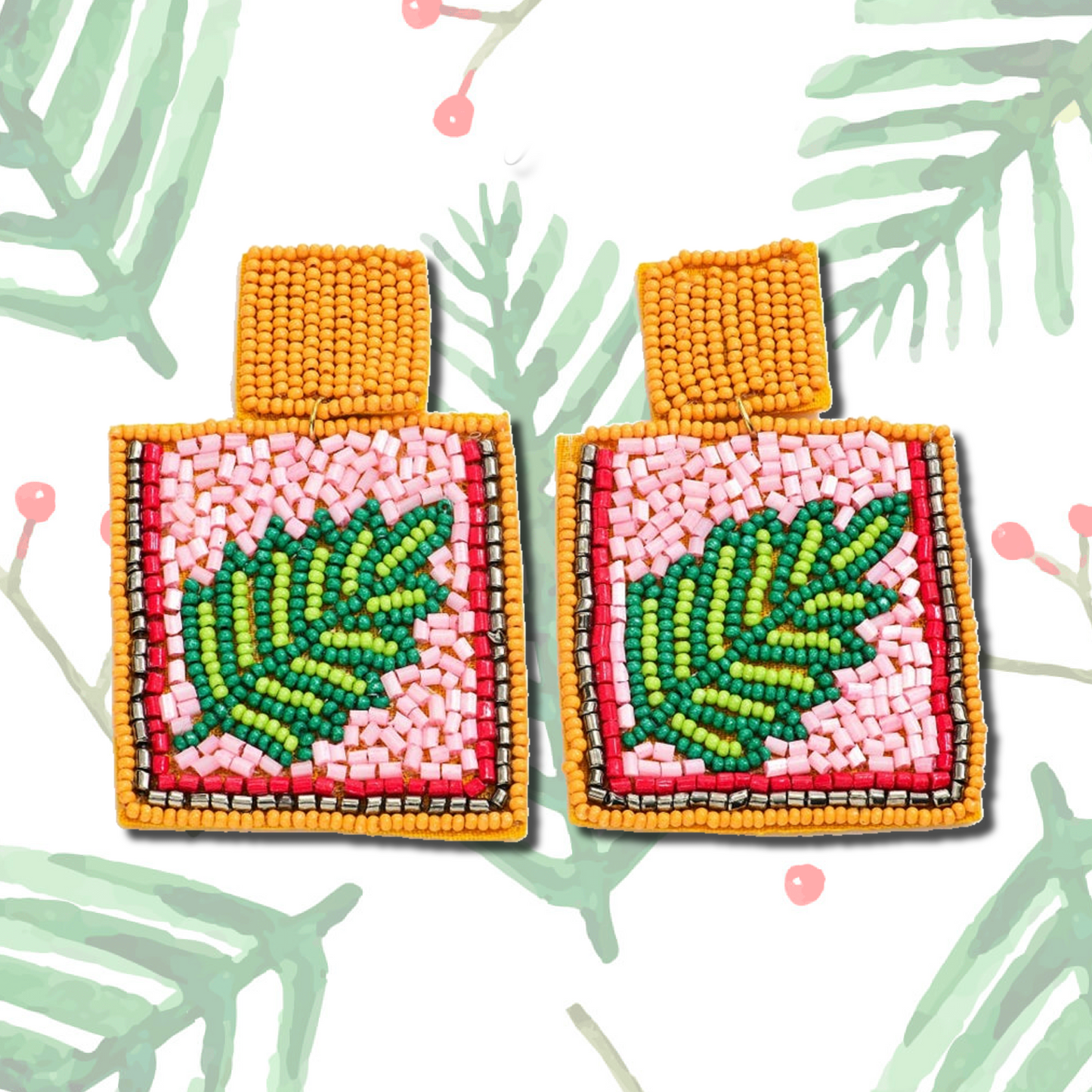 Botanical Leaf Pink Green Autumn Seed Beaded Large Statement Earrings