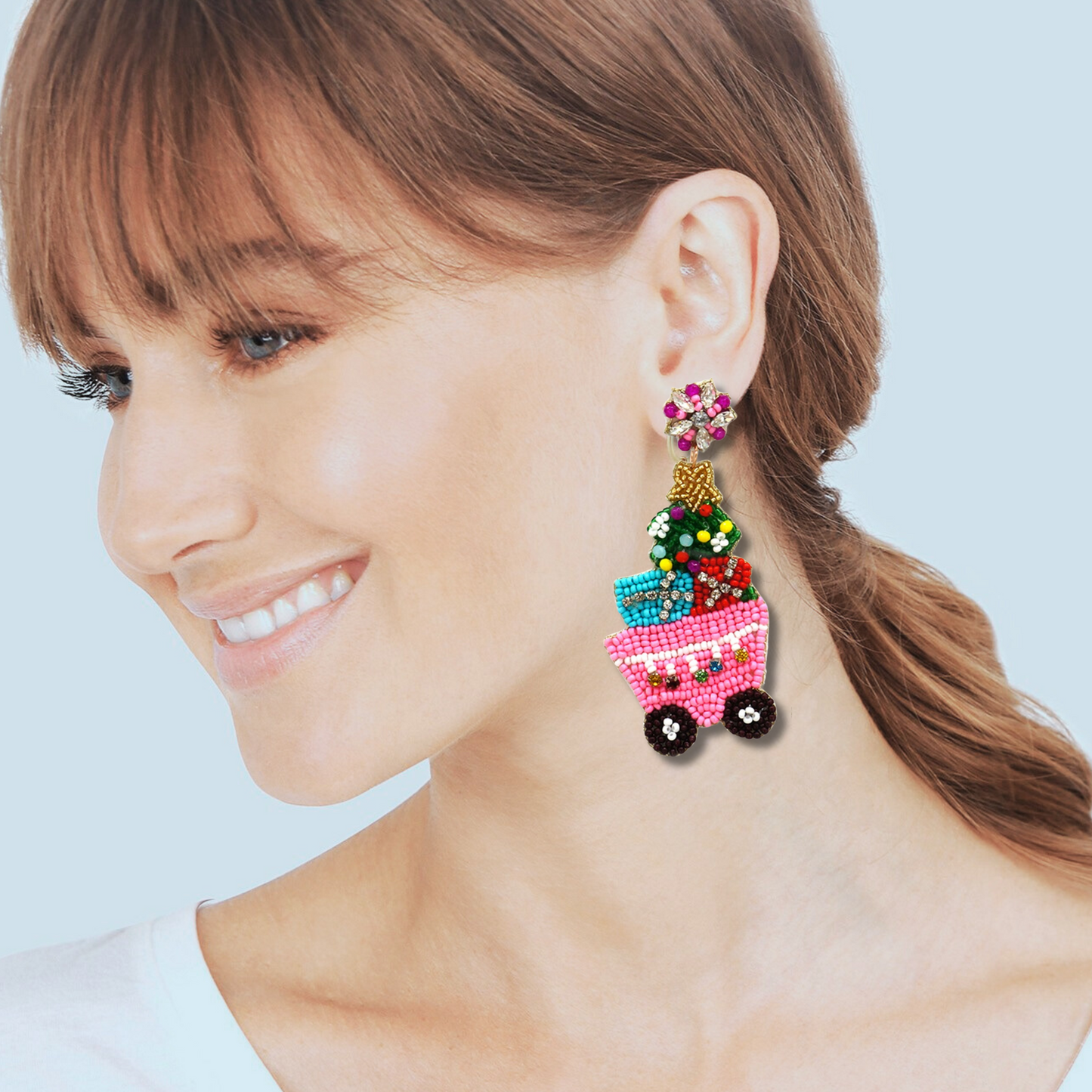 Pile of Presents Christmas Wagon Bling Beaded Earrings
