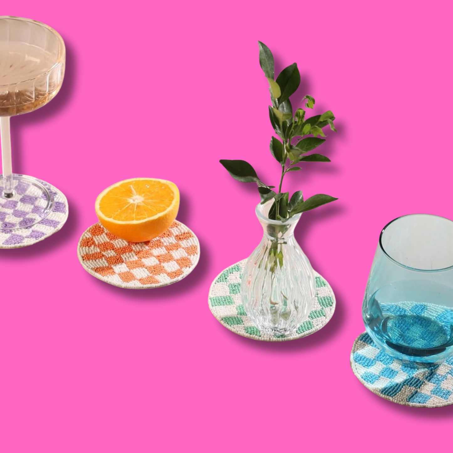 Checkered Beaded Set of 4 Coasters