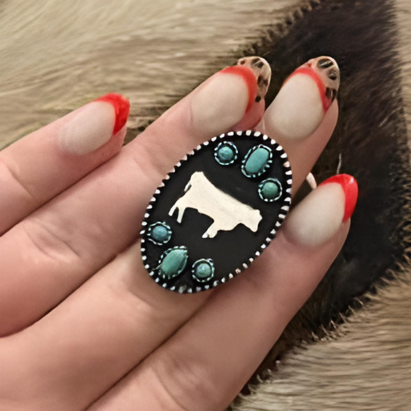 Western Style Turquoise Silver Cow Ring